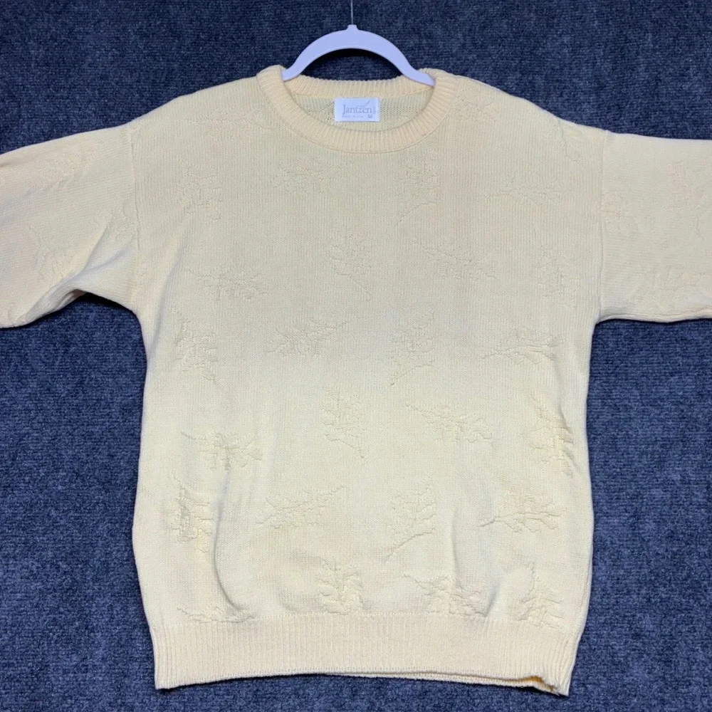 Vtg Jantzen Pale Yellow Textured Fall Leaf Knit Pullover Sweater M Made in USA